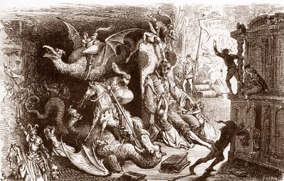 Don Quijote denkt an nichts anderes als an ritterliche Taten, Gravur von Gustave Doré für 