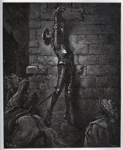 Don Quixote gefangen von der Tochter des Wirts und Maritornes, bleibt aus einem Fenster hängend - aus „Don Quixote de la Mancha“ von Miguel Cervantes (1547-1616) - Holzschnitt nach einer Zeichnung von Gustave Doré von Gustave Dore