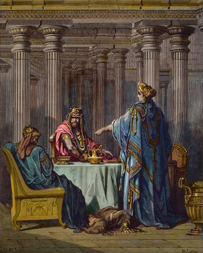 Esther beschuldigt Haman - biblische Szenen, Esther und Haman, Holzstich von Gustave Doré - spätere Kolorierung. von Gustave Dore