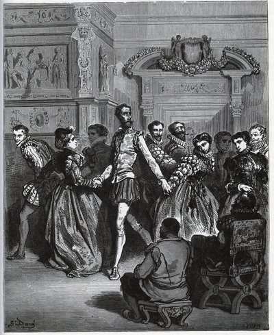 Abendveranstaltung nach Don Antonio. Don Quijote entdeckt ohne Wertschätzung die Freuden des Tanzes - aus "Don Quijote von der Mancha" von Miguel Cervantes von Gustave Dore