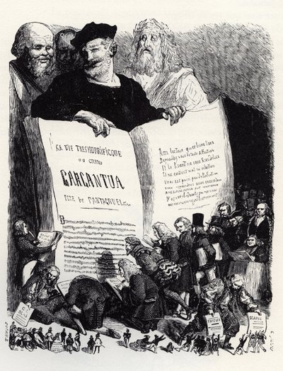 Frontispiz der Ausgabe von 1854 - In Gesellschaft antiker und moderner Schriftsteller präsentiert Rabelais seinen zweiten Roman - Illustration aus 