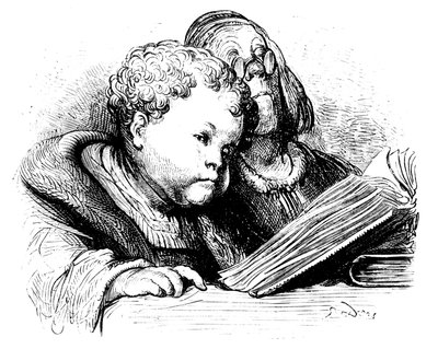 Gant Gargantuas Erziehung: Als Kind lernt er mit seinem Lehrer lesen. Illustration von Gustave Doré für das Werk von François Rabelais. von Gustave Dore