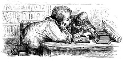 Gargantuas Erziehung: Er lernt mit seinem Lehrer lesen. Illustration von Gustave Doré für das Werk von François Rabelais. von Gustave Dore