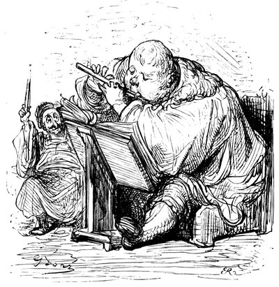 Gargantua-Erziehung: Der junge Herr lernt Flöte spielen mit seinem Musiklehrer. Gravur von Gustave Doré zur Illustration des Werks von Rabelais. von Gustave Dore