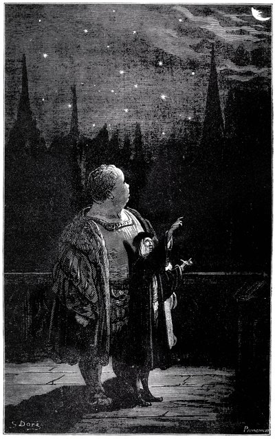 Gargantuas Erziehung: In der Nacht beobachtet der junge Riese mit einem Astronomen Sterne und Kometen am Nachthimmel. Illustration von Gustave Doré zum Werk von Rabelais. von Gustave Dore