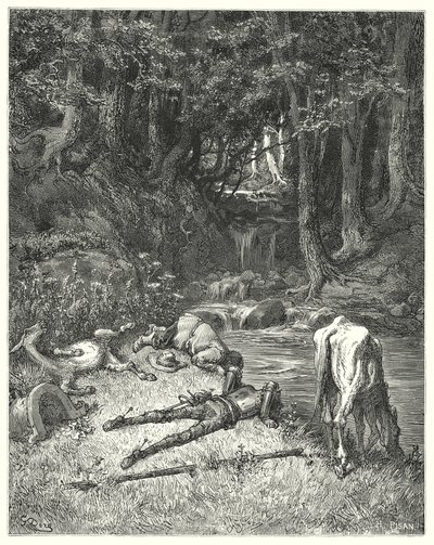 Gustave Dorés Don Quixote: "Eine Wiese, die von einem Bach bewässert wurde, lud sie ein, abzusteigen" von Gustave Dore
