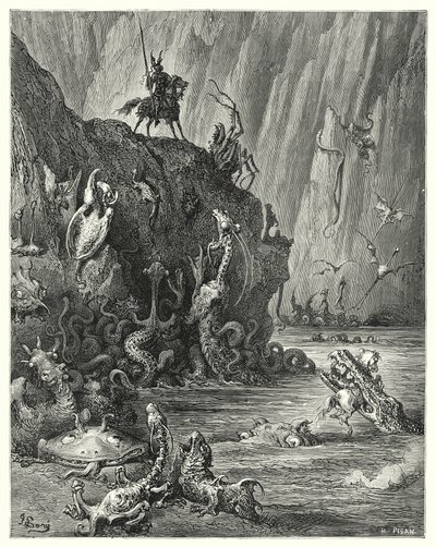 Gustave Dorés Don Quixote: "Ein riesiger See aus kochendem Pech, in dem eine unendliche Menge wilder und schrecklicher Kreaturen hin und her ziehen" von Gustave Dore