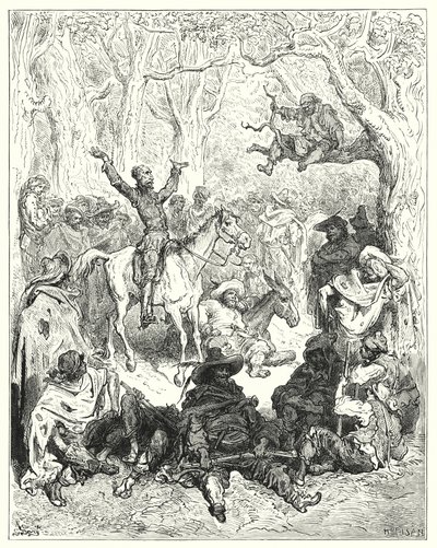 Gustave Dorés Don Quixote: "Don Quixote, auf Rozinante reitend, deklamierte sehr ausführlich gegen ihre Lebensweise" von Gustave Dore