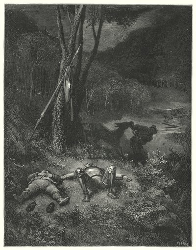 Gustave Dorés Don Quixote: "Gines, der weder Dankbarkeit noch Menschlichkeit kannte, beschloss, mit Sanchos Esel wegzureiten" von Gustave Dore
