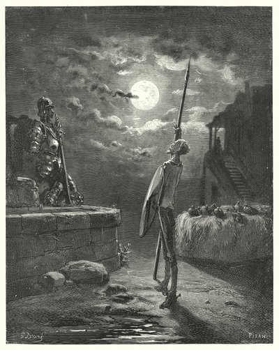 Gustave Dorés Don Quixote: "Er begann, mit anmutiger Haltung am Pferdetrog entlangzugehen" von Gustave Dore