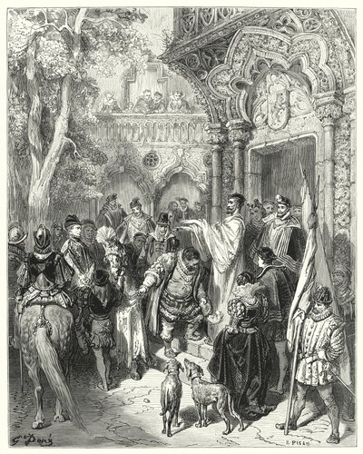 Gustave Dorés Don Quixote: "Er küsste die Hand des Herzogs und der Herzogin beim Abschied und erhielt den Segen seines Herrn" von Gustave Dore