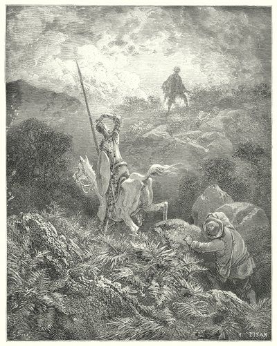 Gustave Dorés Don Quixote: "Er spähte auf die Spitze eines felsigen Abhangs direkt vor ihm und sah einen Mann, der von Felsen zu Felsen mit wunderbarer Beweglichkeit sprang" von Gustave Dore
