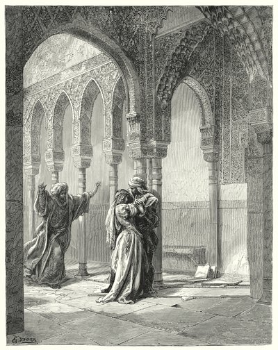 Gustave Dorés Don Quixote: "Ihr Vater kam hastig zu uns und fragte, was los sei, als er seine Tochter in diesem Zustand sah" von Gustave Dore