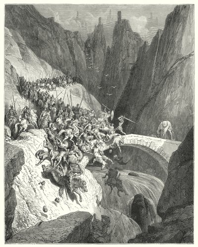Gustave Dorés Don Quixote: "Wie Don Diego Garcia mit seiner einzigen Kraft den Durchgang einer Brücke gegen eine große Armee verteidigte" von Gustave Dore