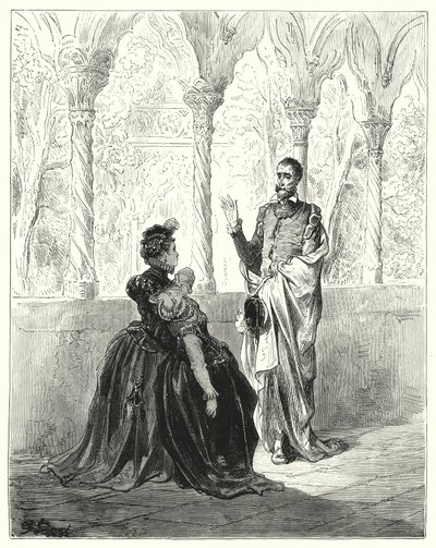 Gustave Dorés Don Quixote: "Bitte, mein Herr Don Quixote, ziehen Sie sich zurück, denn dieses arme junge Geschöpf wird nicht zu sich kommen, solange Sie hier sind" von Gustave Dore