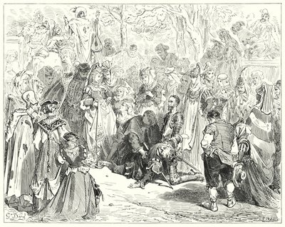 Gustave Dorés Don Quixote: "Die arme Jungfrau, zitternd und verängstigt, ohne ein Wort zu sprechen, kam zu dem armen Basil" von Gustave Dore