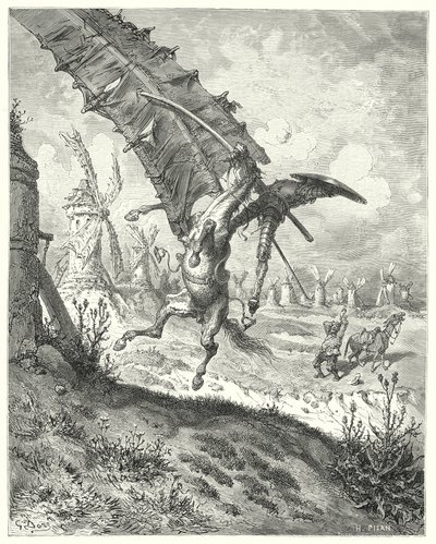 Gustave Dorés Don Quixote: "Das Segel schleuderte sowohl Ritter als auch Pferd mit sich fort" von Gustave Dore