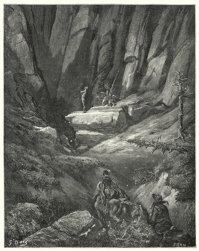 Gustave Dorés Don Quixote: "Sie gingen etwa drei Viertel einer Meile weiter und entdeckten dann unter den Felsen Don Quixote, der inzwischen seine Kleidung, aber nicht seine Rüstung angelegt hatte" von Gustave Dore
