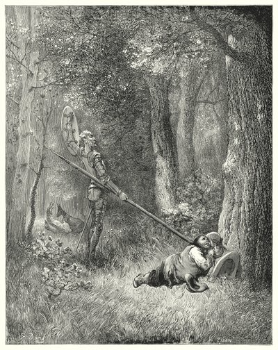 Auf all diese feine Erörterung antwortete Sancho kein Wort (Illustration von Don Quixote) von Gustave Dore