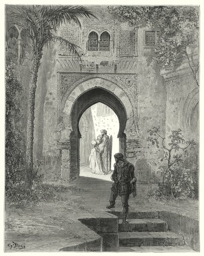 Don Quijote: "Zoraida, die Besorgnis in ihrem Blick zeigte, ging mit ihrem Vater weg" (Gravur) von Gustave Dore