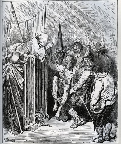 Wie man Don Quixote loswird. Die Leute des Gasthauses beschlossen, ihn einzusperren, indem sie ihn glauben ließen, es handele sich um eine neue Verzauberung und eine neue ritterliche Prüfung - aus „Don Quixote de la Mancha“ von Miguel Cervantes (1547-1616) von Gustave Dore