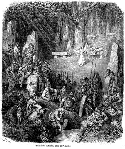 Menschenopfer bei den Galliern - Druiden, Dolmen, Menhir - Stich von Gustave Doré in „L