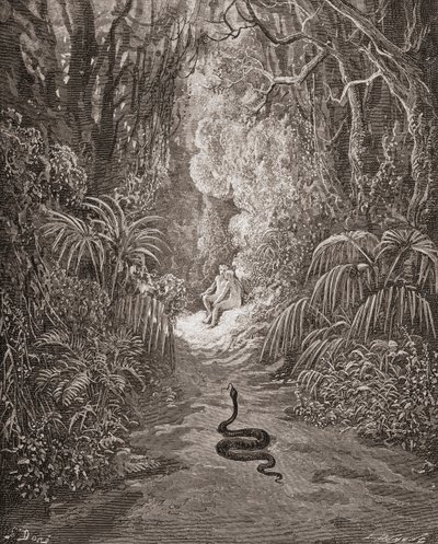 Illustration von Gustave Doré (1832-1883), französischer Künstler und Illustrator, für „Das verlorene Paradies“ von John Milton, Buch IX, Zeilen 434 und 435 von Gustave Dore