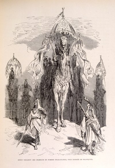 Illustration einer orientalischen Karawane mit Dienern und Kutsche von Gustave Dore