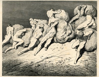 Im vierten Kreis der Hölle, unter dem Pluto (Hades) herrscht, tragen und rollen die Geizigen und Verschwender schwere Lasten (Felsen) und stoßen wütend zusammen. Gravur aus Die Hölle von Dante Alighieri (Die Göttliche Komödie), illustriert von Gustave Doré von Gustave Dore