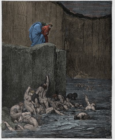 Inferno, Gesang 18: Liebhaber und Schmeichler im achten Kreis, Illustration aus "Die Göttliche Komödie" von Dante Alighieri, 1885 von Gustave Dore