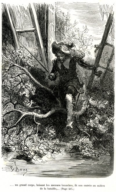 Jacquemin Lampourde, die Pistole in der Hand, kam zu einem Punkt in der Schlacht. Stich von Gustave Doré, der den Schelmenroman von Théophile Gautier „Der Kapitän Fracasse“ illustriert, Charpentier-Ausgabe 1863 von Gustave Dore
