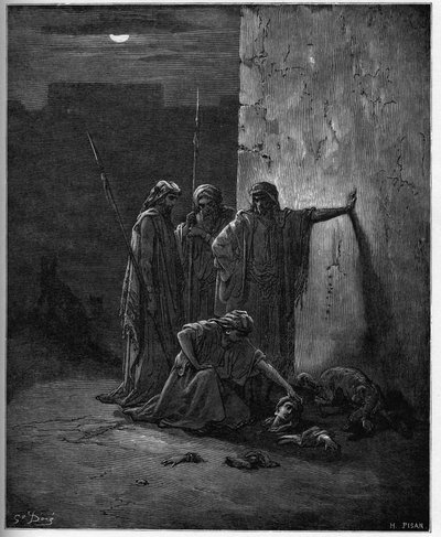 Jehus Gefährten finden die Überreste von Isebel - Holzstich zur Bibel von Gustave Doré - Jehus Gefährten finden Isebels Kopf und Extremitäten - Gravur in „Die illustrierte Bibel“ von Gustave Doré (1832-1883) - Gravur aus „Die Doré-Bibel“ von Gustave Dore