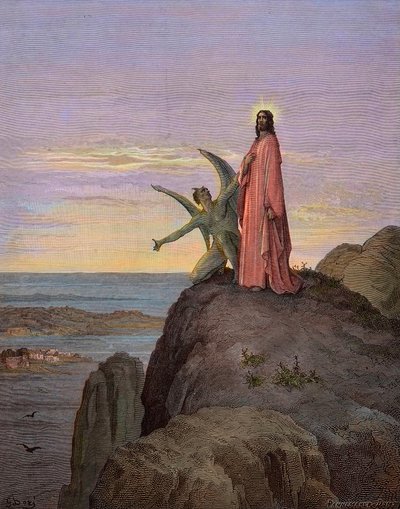 Jesus in der Wüste, der Versuchung des Teufels ausgesetzt - Die Versuchung Christi - Satan versuchte Jesus - Gravur von Gustave Doré - spätere Kolorierung von Gustave Dore
