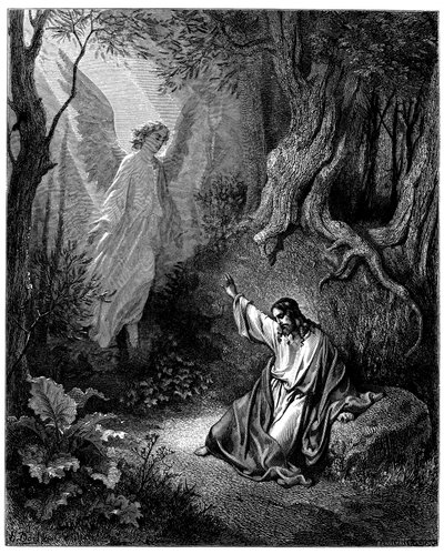 Jesus am Ölberg: Ein Engel erscheint ihm, um ihm Mut zu machen - Illustration von Gustave Doré für die Bibel von Gustave Dore