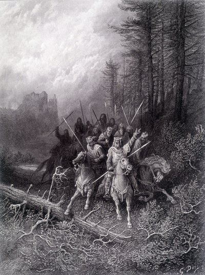 König Artus im Broceliande-Wald (Zyklus der Ritter der Tafelrunde) - in "Viviane" von Alfred Tennyson, Illustration von G. Doré von Gustave Dore
