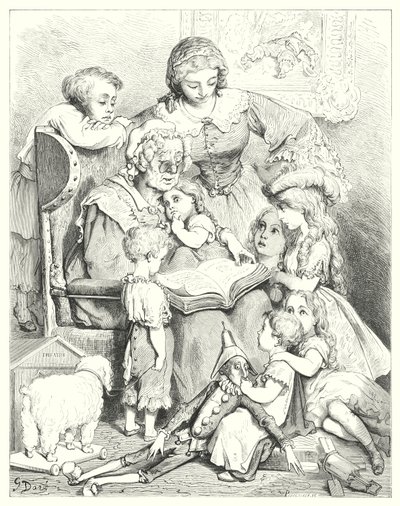 Das Vorlesen von Geschichten in der Familie (Gravur) von Gustave Dore