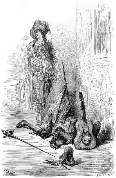 Leandre hat gerade eine Gitarre auf Matamores Kopf zerschlagen, Illustration für „Captain Fracass“ von Gustave Dore
