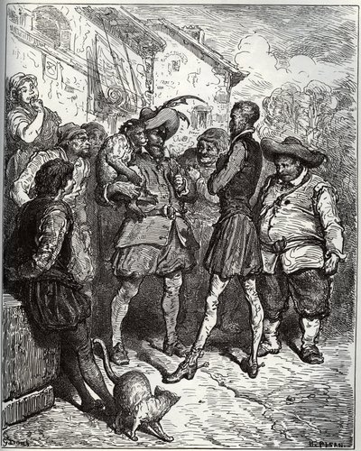 Maese Pedro und der wahrsagende Affe - aus „Don Quijote de la Mancha“ von Miguel Cervantes (1547-1616) (Don Quijote) - Holzschnitt nach einer Zeichnung von Gustave Doré von Gustave Dore