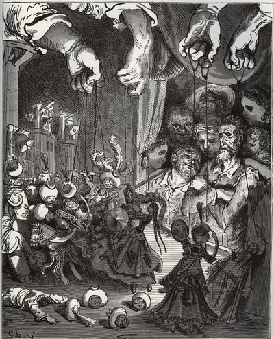 Maese Pedros Puppenspiel - aus „Don Quijote de la Mancha“ von Miguel Cervantes (1547-1616) (Don Quijote) - Holzschnitt nach einer Zeichnung von Gustave Dore von Gustave Dore