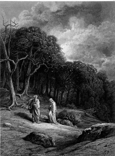 Merlin und Viviane im Wald von Brocéliande - in „Viviane“ von Alfred Tennyson, Illustration von G. Doré von Gustave Dore