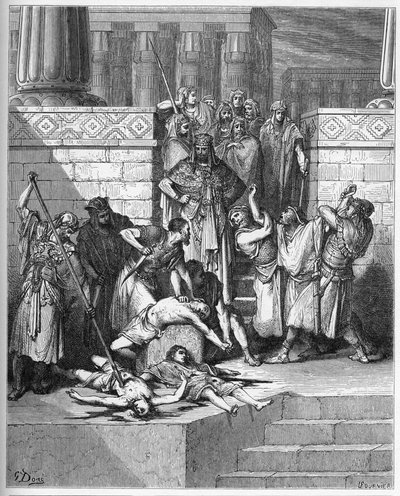 Nebukadnezar befiehlt, die Söhne des rebellischen Zedekia zu töten - Gravur in Die illustrierte Bibel von Gustave Doré - Gravur aus Die Doré-Bibel von Gustave Dore