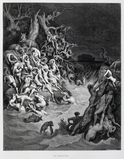 Noah und seine Arche entkommen, als die große Flut die Erde überflutet, Illustration aus der Dore-Bibel von Gustave Dore