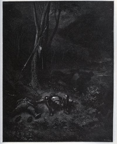 Einer der Flüchtlinge, Gines de Passamont, stiehlt den Esel von Sancho Panza während des Schlafs der beiden Reisenden - aus „Don Quixote de la Mancha“ von Miguel Cervantes (1547-1616) - Holzschnitt nach einer Zeichnung von Gustave Dore von Gustave Dore