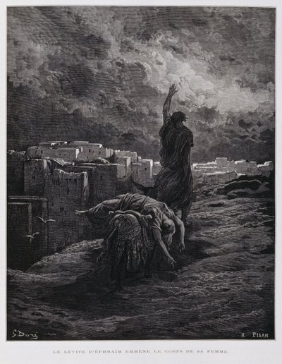 Empörung in Gibea, der Levit trägt seine tote Konkubine weg, Illustration aus der Dore-Bibel von Gustave Dore