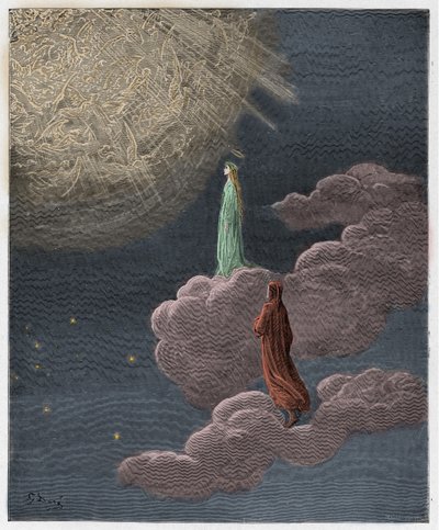 Paradiso, Canto 14: Dante und Beatrice werden in die Sphäre des Mars versetzt, Illustration aus "Die Göttliche Komödie" von Dante Alighieri, 1885 von Gustave Dore