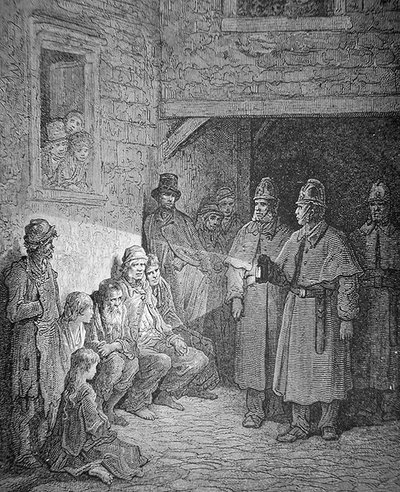 Polizisten auf Streife im Londoner Rookery, graviert von Stephane Pannemaker von Gustave Dore