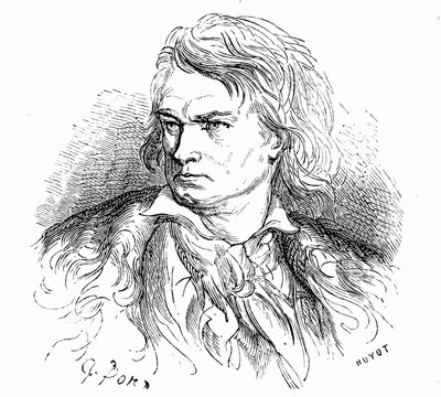 Porträt von Beethoven von Gustave Doré, um 1855, zur Illustration eines Textes von Hippolyte Taine: „-Was ist Beethoven? „Ein armer großer Mann, taub, verliebt, verkannt und Philosoph, dessen Musik voller gigantischer oder schmerzhafter Träume ist.“ von Gustave Dore