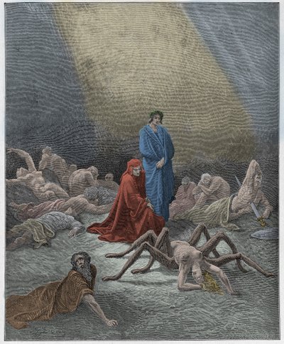 Purgatorio, Canto 12: Dante betrachtet die Seele von Arachne, Illustration aus "Die Göttliche Komödie" von Dante Alighieri, 1885 von Gustave Dore