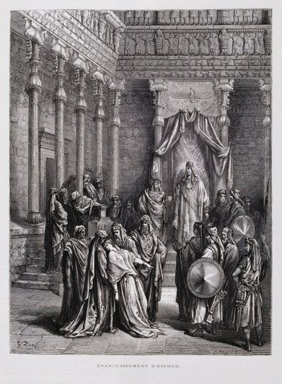 Königin Esther fällt vor dem König in Ohnmacht, Illustration aus der Dore-Bibel von Gustave Dore