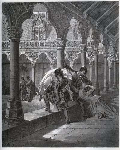 Erzählung von Don Fernand; er nimmt Luscinde aus dem Kloster, in dem sie Zuflucht gesucht hatte - aus „Don Quijote de la Mancha“ von Miguel Cervantes (1547-1616) (Don Quijote) - Holzschnitt nach einer Zeichnung von Gustave Doré von Gustave Dore